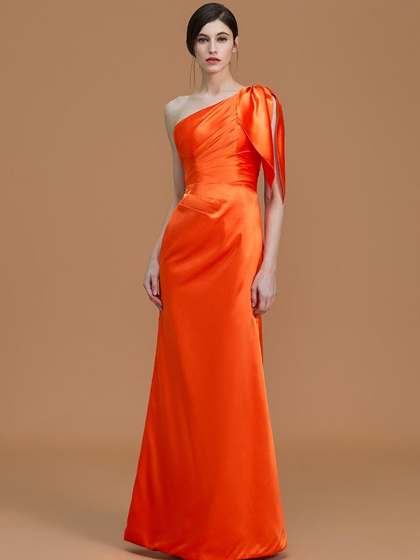 Trumpet/Mermaid One-Shoulder Sleeveless Floor-Length Ruched Silk like Satin Bridesmaid Dresses Evening Dress