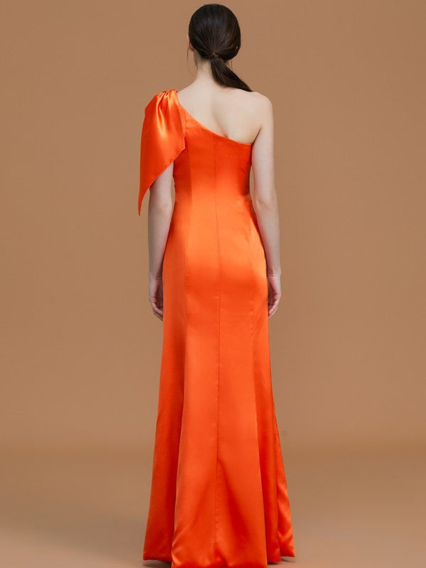 Trumpet/Mermaid One-Shoulder Sleeveless Floor-Length Ruched Silk like Satin Bridesmaid Dresses Evening Dress