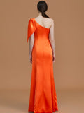 Trumpet/Mermaid One-Shoulder Sleeveless Floor-Length Ruched Silk like Satin Bridesmaid Dresses Evening Dress