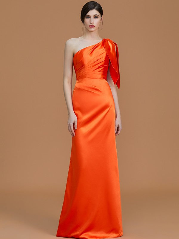 Trumpet/Mermaid One-Shoulder Sleeveless Floor-Length Ruched Silk like Satin Bridesmaid Dresses Evening Dress