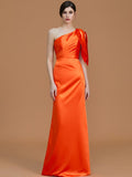 Trumpet/Mermaid One-Shoulder Sleeveless Floor-Length Ruched Silk like Satin Bridesmaid Dresses Evening Dress