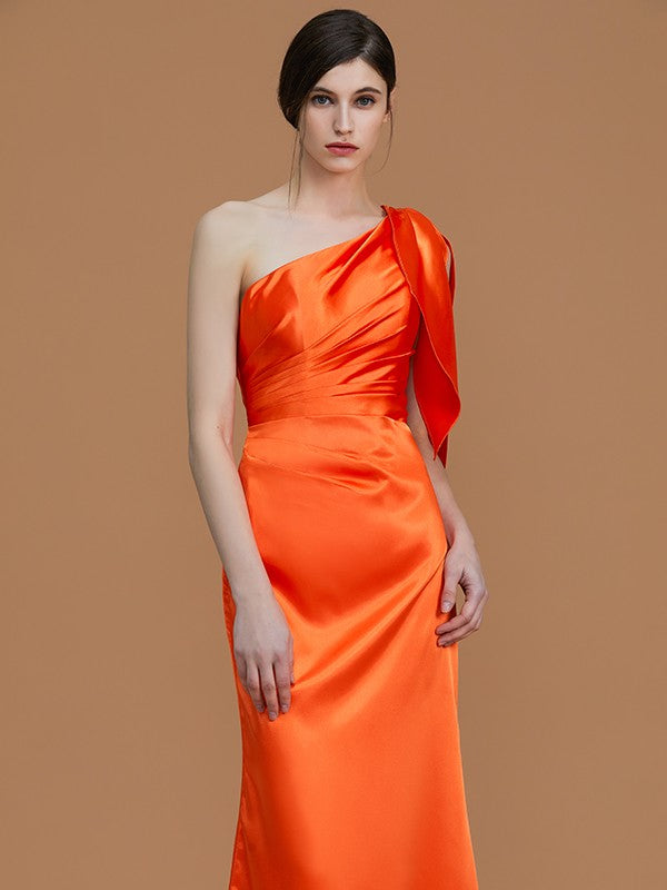 Trumpet/Mermaid One-Shoulder Sleeveless Floor-Length Ruched Silk like Satin Bridesmaid Dresses Evening Dress