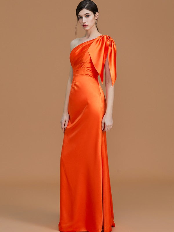 Trumpet/Mermaid One-Shoulder Sleeveless Floor-Length Ruched Silk like Satin Bridesmaid Dresses Evening Dress