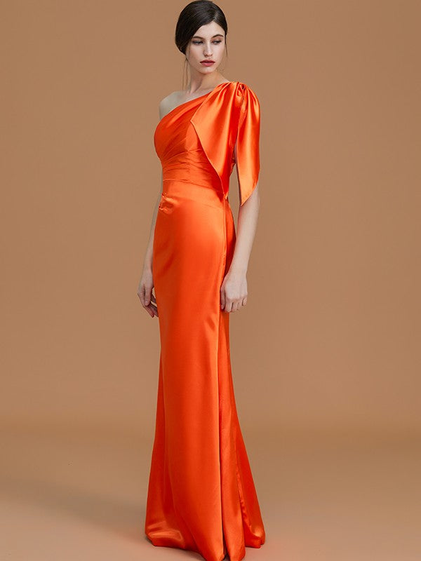 Trumpet/Mermaid One-Shoulder Sleeveless Floor-Length Ruched Silk like Satin Bridesmaid Dresses Evening Dress