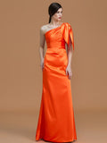 Trumpet/Mermaid One-Shoulder Sleeveless Floor-Length Ruched Silk like Satin Bridesmaid Dresses Evening Dress