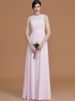 A-Line/Princess Jewel Sleeveless Floor-Length Ruched Chiffon Bridesmaid Dresses Evening Dress