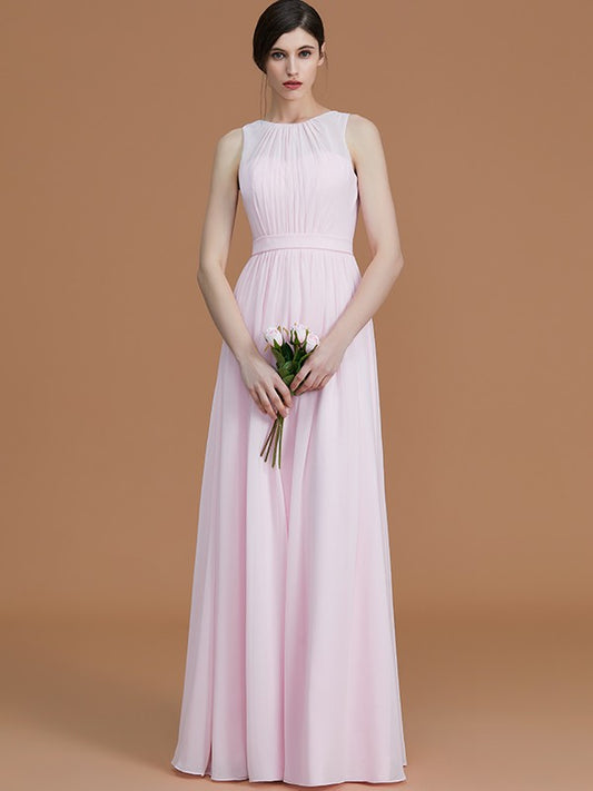 A-Line/Princess Jewel Sleeveless Floor-Length Ruched Chiffon Bridesmaid Dresses Evening Dress