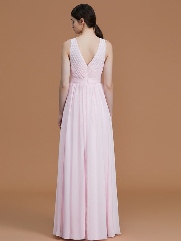 A-Line/Princess Jewel Sleeveless Floor-Length Ruched Chiffon Bridesmaid Dresses Evening Dress