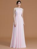 A-Line/Princess Jewel Sleeveless Floor-Length Ruched Chiffon Bridesmaid Dresses Evening Dress