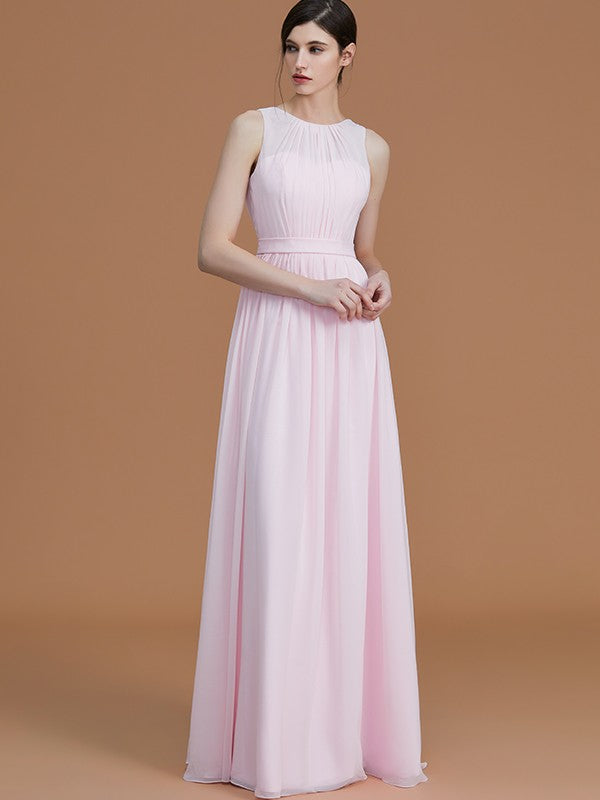 A-Line/Princess Jewel Sleeveless Floor-Length Ruched Chiffon Bridesmaid Dresses Evening Dress