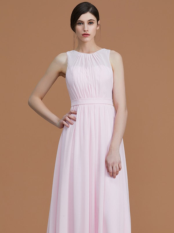 A-Line/Princess Jewel Sleeveless Floor-Length Ruched Chiffon Bridesmaid Dresses Evening Dress