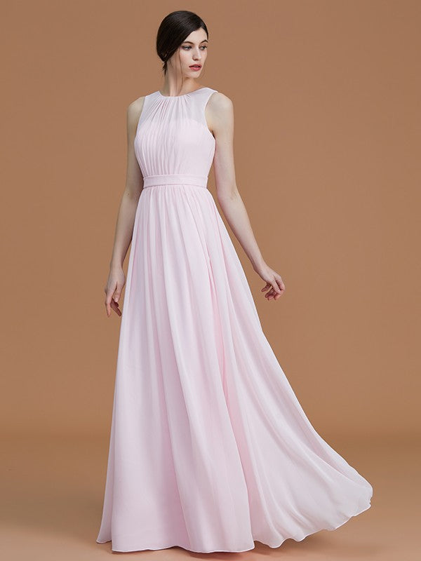 A-Line/Princess Jewel Sleeveless Floor-Length Ruched Chiffon Bridesmaid Dresses Evening Dress
