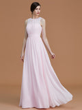 A-Line/Princess Jewel Sleeveless Floor-Length Ruched Chiffon Bridesmaid Dresses Evening Dress