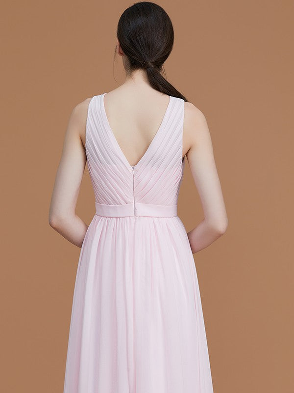 A-Line/Princess Jewel Sleeveless Floor-Length Ruched Chiffon Bridesmaid Dresses Evening Dress