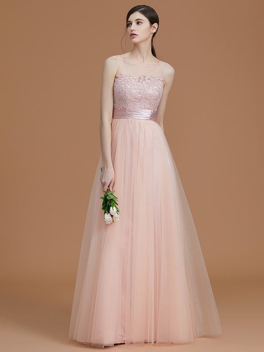 A-Linie/Princess-Linie Bateau-Ausschnitt Ärmellos Bodenlang Applikationen Tüll Brautjungfernkleider Ballkleid