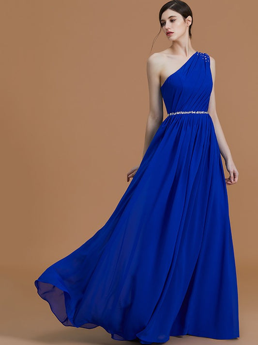 A-Line/Princess One-Shoulder Sleeveless Floor-Length Beading Chiffon Bridesmaid Dresses Prom Evening Dress