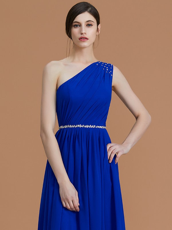 A-Line/Princess One-Shoulder Sleeveless Floor-Length Beading Chiffon Bridesmaid Dresses Prom Evening Dress