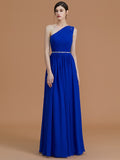 A-Line/Princess One-Shoulder Sleeveless Floor-Length Beading Chiffon Bridesmaid Dresses Prom Evening Dress