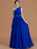 A-Line/Princess One-Shoulder Sleeveless Floor-Length Beading Chiffon Bridesmaid Dresses Prom Evening Dress