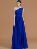 A-Line/Princess One-Shoulder Sleeveless Floor-Length Beading Chiffon Bridesmaid Dresses Prom Evening Dress