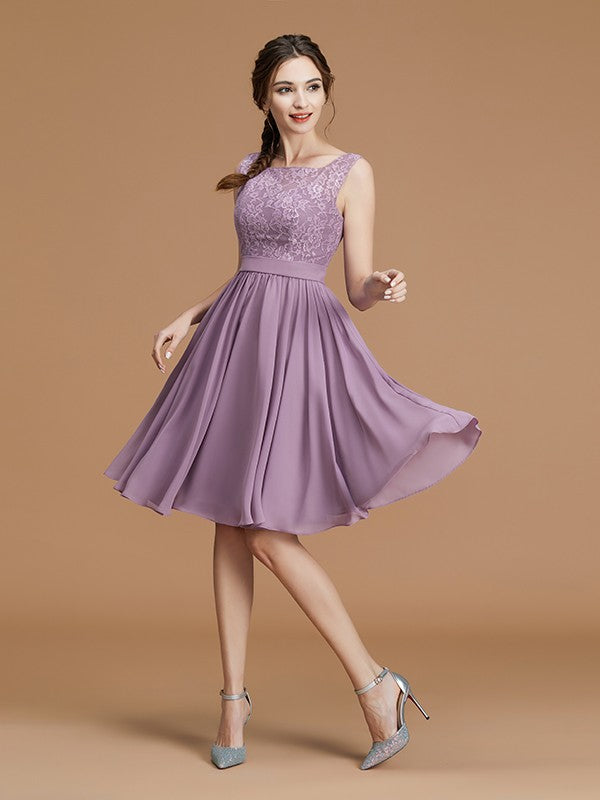 A-Linie/Princess-Linie Bateau-Ausschnitt Ärmellos Kurz/Mini Spitze Chiffon Brautjungfernkleider