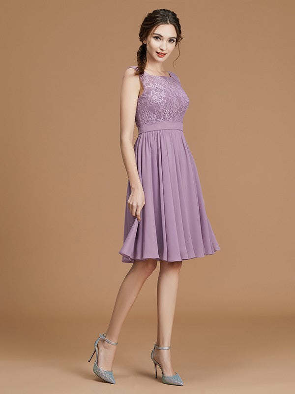 A-Linie/Princess-Linie Bateau-Ausschnitt Ärmellos Kurz/Mini Spitze Chiffon Brautjungfernkleider
