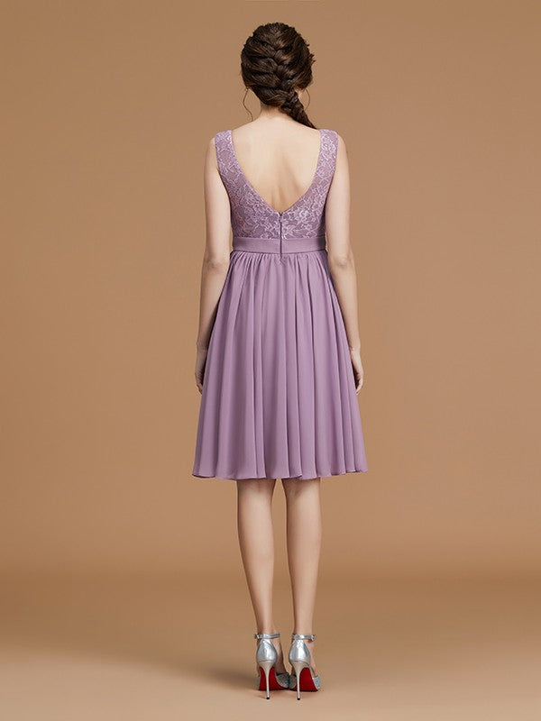 A-Linie/Princess-Linie Bateau-Ausschnitt Ärmellos Kurz/Mini Spitze Chiffon Brautjungfernkleider