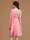 Vestido de dama de honor de gasa fruncida, corto/mini, sin mangas, corte A/princesa, con un solo hombro, para invitada de boda y fiesta