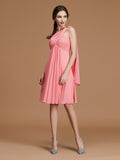 Vestido de dama de honor de gasa fruncida, corto/mini, sin mangas, corte A/princesa, con un solo hombro, para invitada de boda y fiesta