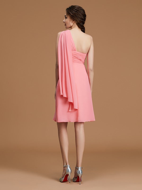Vestido de dama de honor de gasa fruncida, corto/mini, sin mangas, corte A/princesa, con un solo hombro, para invitada de boda y fiesta
