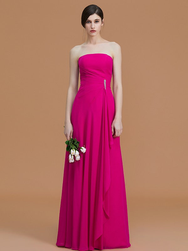 A-Line/Princess Strapless Sleeveless Floor-Length Ruffles Chiffon Bridesmaid Dresses Evening Prom Dress