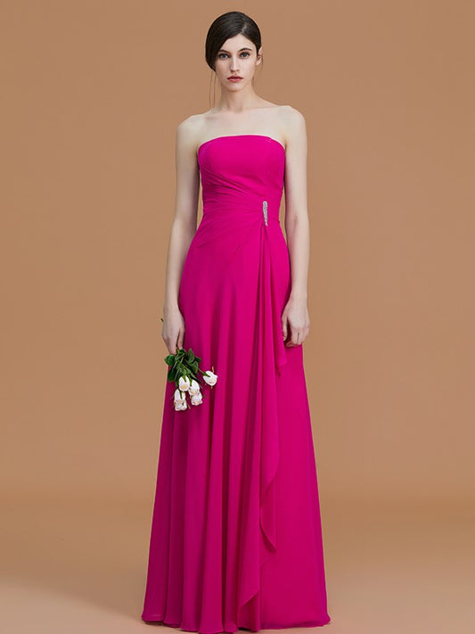 A-Line/Princess Strapless Sleeveless Floor-Length Ruffles Chiffon Bridesmaid Dresses Evening Prom Dress