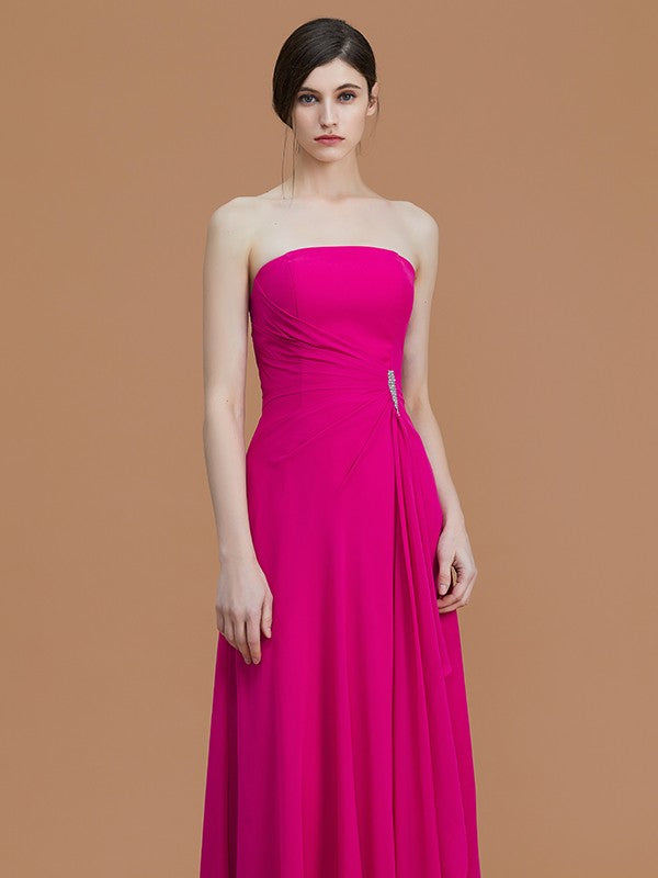 A-Line/Princess Strapless Sleeveless Floor-Length Ruffles Chiffon Bridesmaid Dresses Evening Prom Dress
