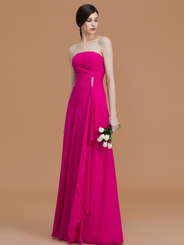 A-Line/Princess Strapless Sleeveless Floor-Length Ruffles Chiffon Bridesmaid Dresses Evening Prom Dress