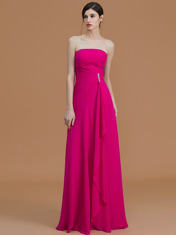 A-Line/Princess Strapless Sleeveless Floor-Length Ruffles Chiffon Bridesmaid Dresses Evening Prom Dress