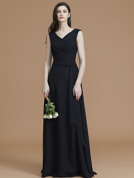 A-Line/Princess V-neck Sleeveless Floor-Length Sash/Ribbon/Belt Chiffon Bridesmaid Dresses Evening Prom Dress