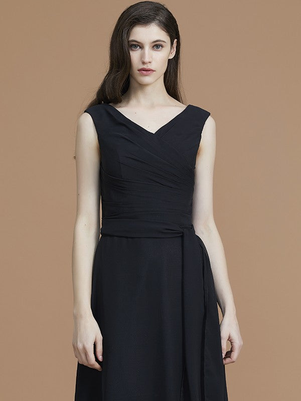 A-Line/Princess V-neck Sleeveless Floor-Length Sash/Ribbon/Belt Chiffon Bridesmaid Dresses Evening Prom Dress
