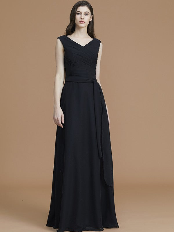 A-Line/Princess V-neck Sleeveless Floor-Length Sash/Ribbon/Belt Chiffon Bridesmaid Dresses Evening Prom Dress