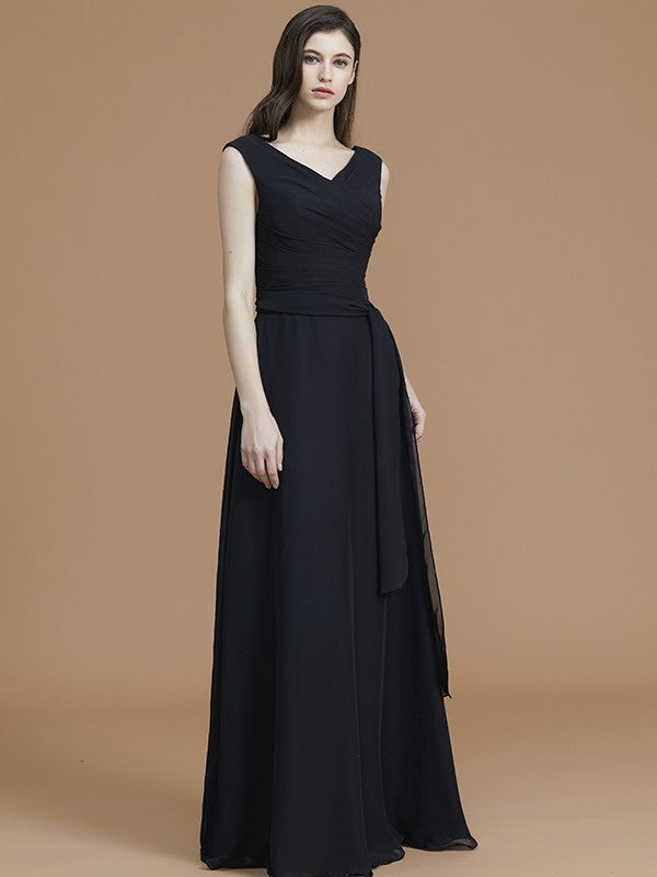 A-Line/Princess V-neck Sleeveless Floor-Length Sash/Ribbon/Belt Chiffon Bridesmaid Dresses Evening Prom Dress