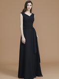 A-Line/Princess V-neck Sleeveless Floor-Length Sash/Ribbon/Belt Chiffon Bridesmaid Dresses Evening Prom Dress