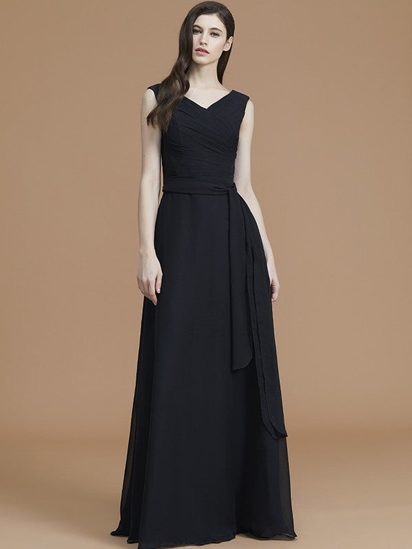 A-Line/Princess V-neck Sleeveless Floor-Length Sash/Ribbon/Belt Chiffon Bridesmaid Dresses Evening Prom Dress