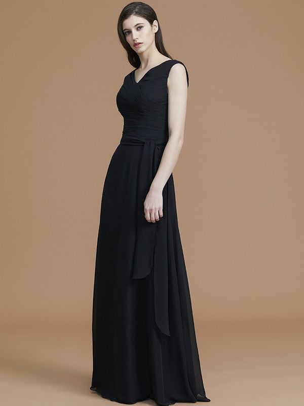 A-Line/Princess V-neck Sleeveless Floor-Length Sash/Ribbon/Belt Chiffon Bridesmaid Dresses Evening Prom Dress