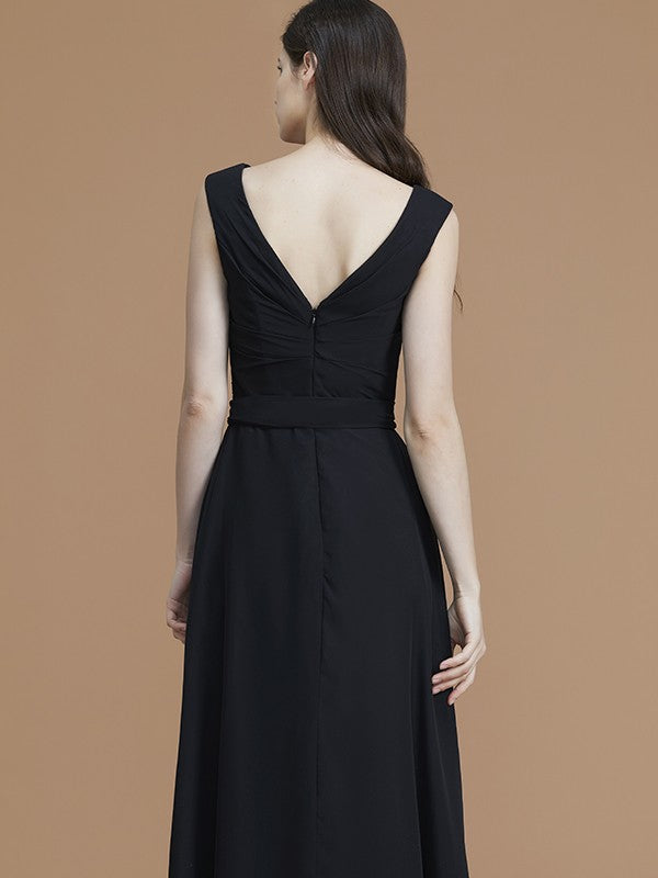 A-Line/Princess V-neck Sleeveless Floor-Length Sash/Ribbon/Belt Chiffon Bridesmaid Dresses Evening Prom Dress