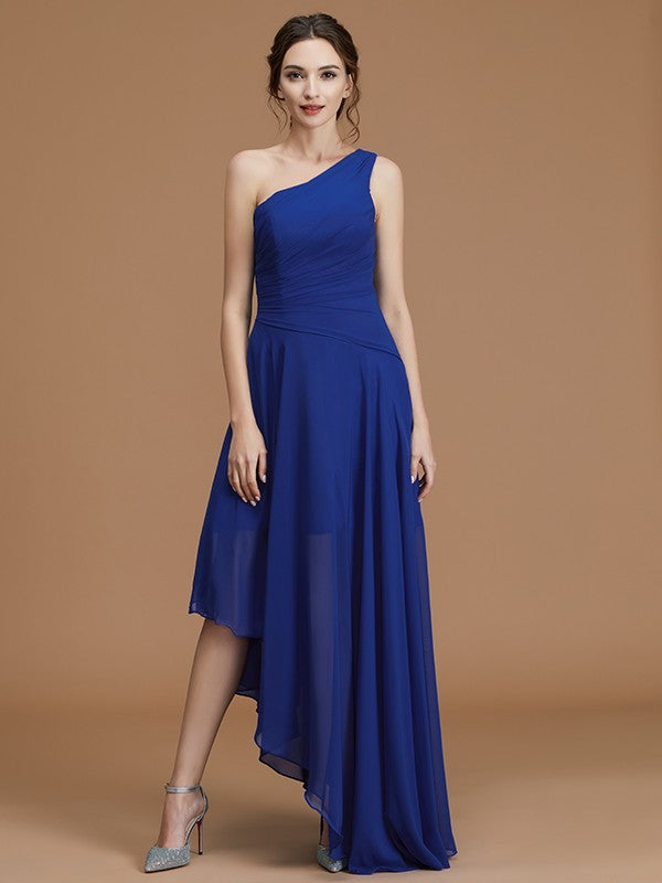 A-Line/Princess One-Shoulder Sleeveless Asymmetrical Ruffles Chiffon Bridesmaid Dresses Evening Prom Dress