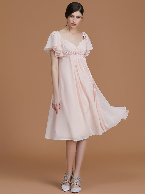 Vestido de dama de honor de gasa fruncida, estilo imperio, con escote corazón, mangas cortas hasta la rodilla, para invitada de boda