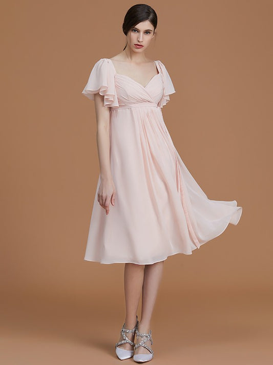 Vestido de dama de honor de gasa fruncida, estilo imperio, con escote corazón, mangas cortas hasta la rodilla, para invitada de boda