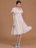 Vestido de dama de honor de gasa fruncida, estilo imperio, con escote corazón, mangas cortas hasta la rodilla, para invitada de boda