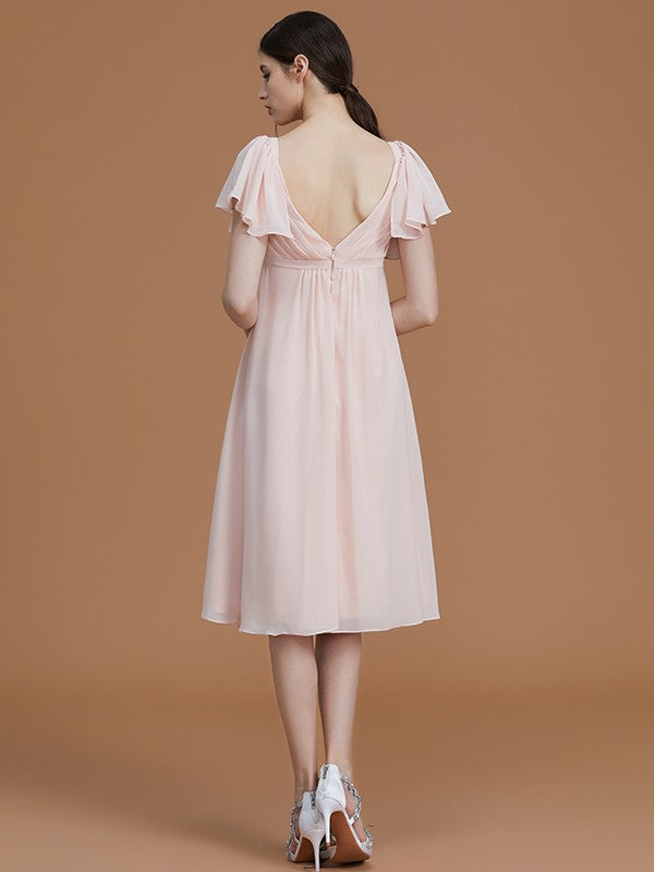 Vestido de dama de honor de gasa fruncida, estilo imperio, con escote corazón, mangas cortas hasta la rodilla, para invitada de boda