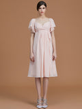 Vestido de dama de honor de gasa fruncida, estilo imperio, con escote corazón, mangas cortas hasta la rodilla, para invitada de boda