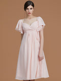 Vestido de dama de honor de gasa fruncida, estilo imperio, con escote corazón, mangas cortas hasta la rodilla, para invitada de boda